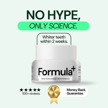 Formula+ performance whitening powder with text 'No Hype, Only Science' on a white background