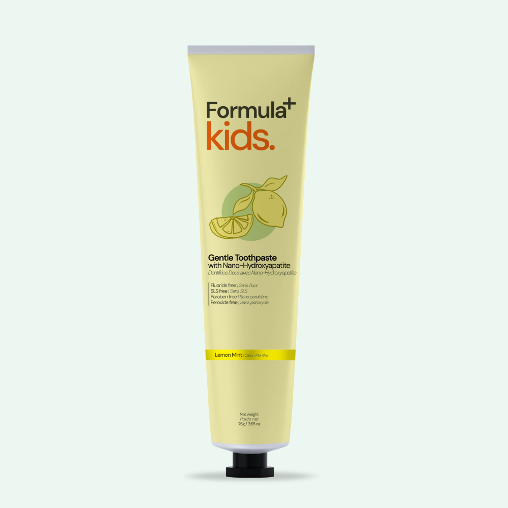 Tube of Formula Kids toothpaste with lemon flavor on a white background