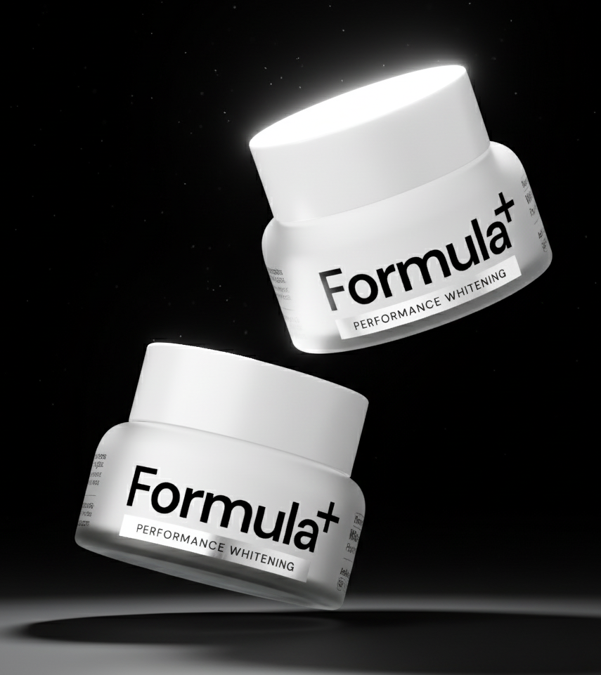 Two Formula+ performance whitening powder jars on a black background