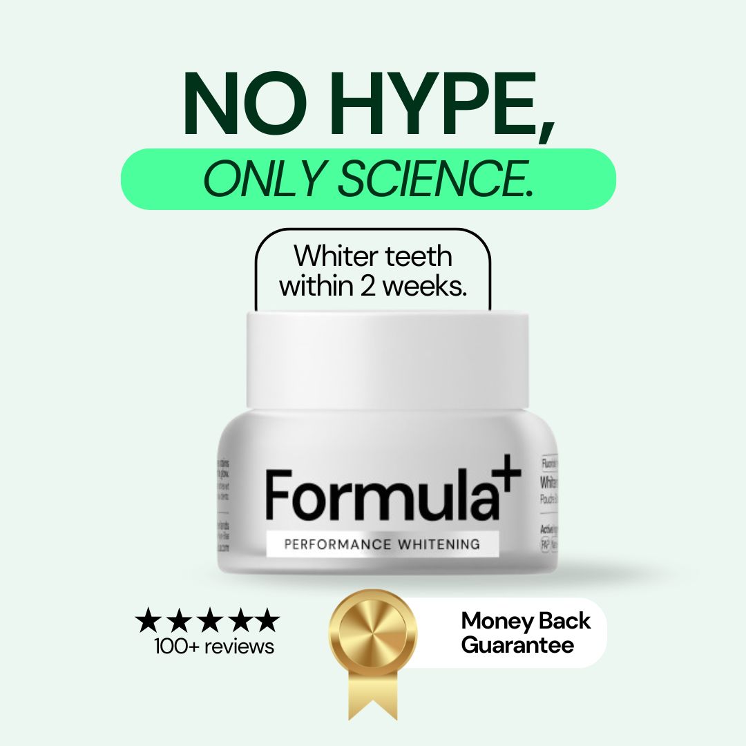 Formula+ performance whitening powder with text 'No Hype, Only Science' on a white background